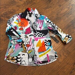 Nwt ali miles crinkle button-front blouse in abstract print wearable art XSP
